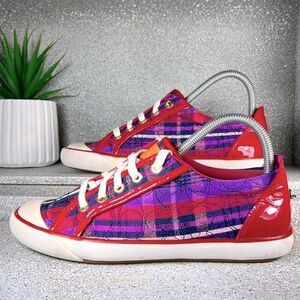 Coach Barrett Signature & Leather Poppy Pink & Purple Plaid Sneaker 8 RARE